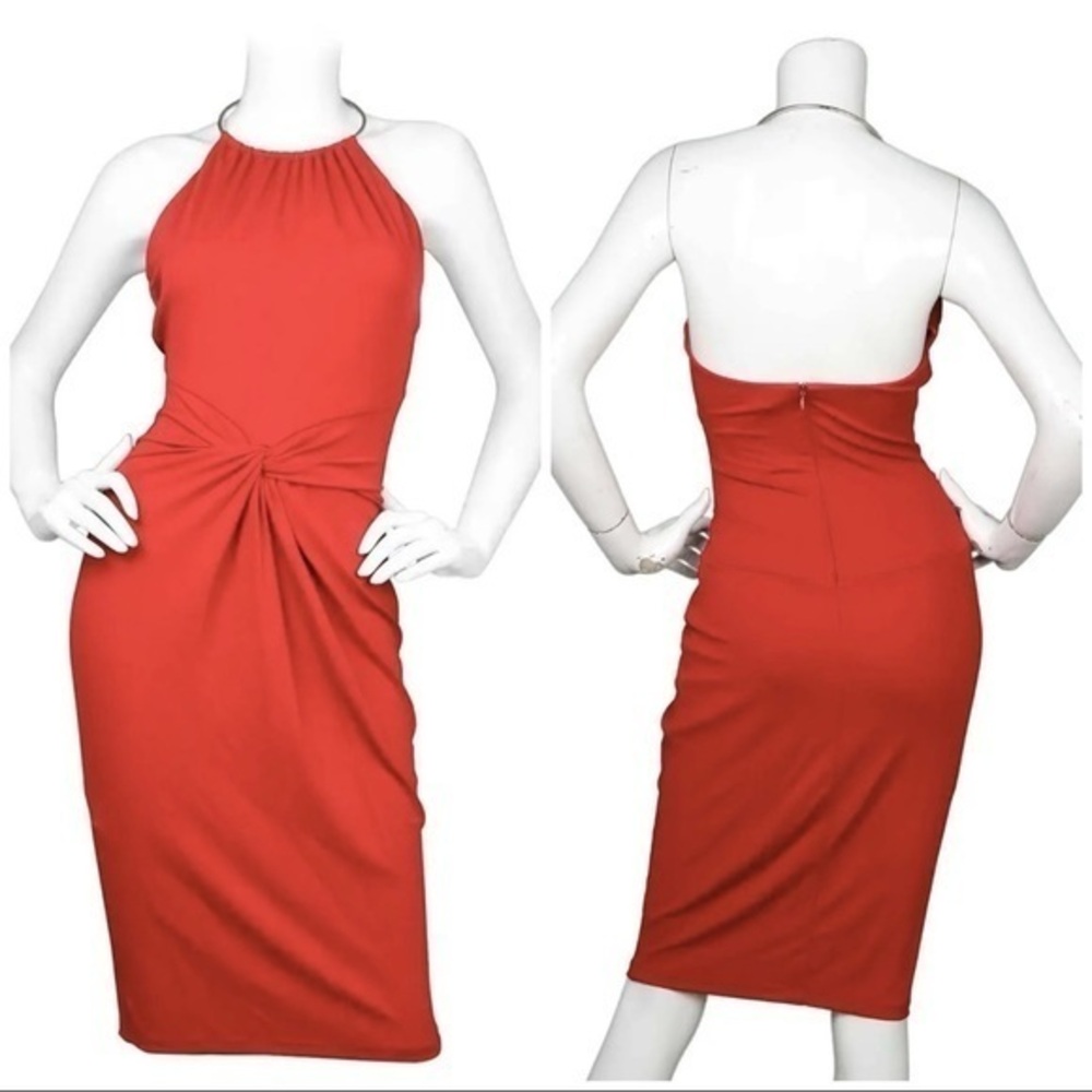Michael Kors Collection Red Halter Silver Necklace Loop Front Knot Dress